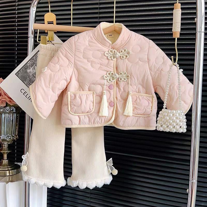 汉服女童冬季套装2023新款洋气中国风夹棉棉衣宝宝加绒裤两件套潮