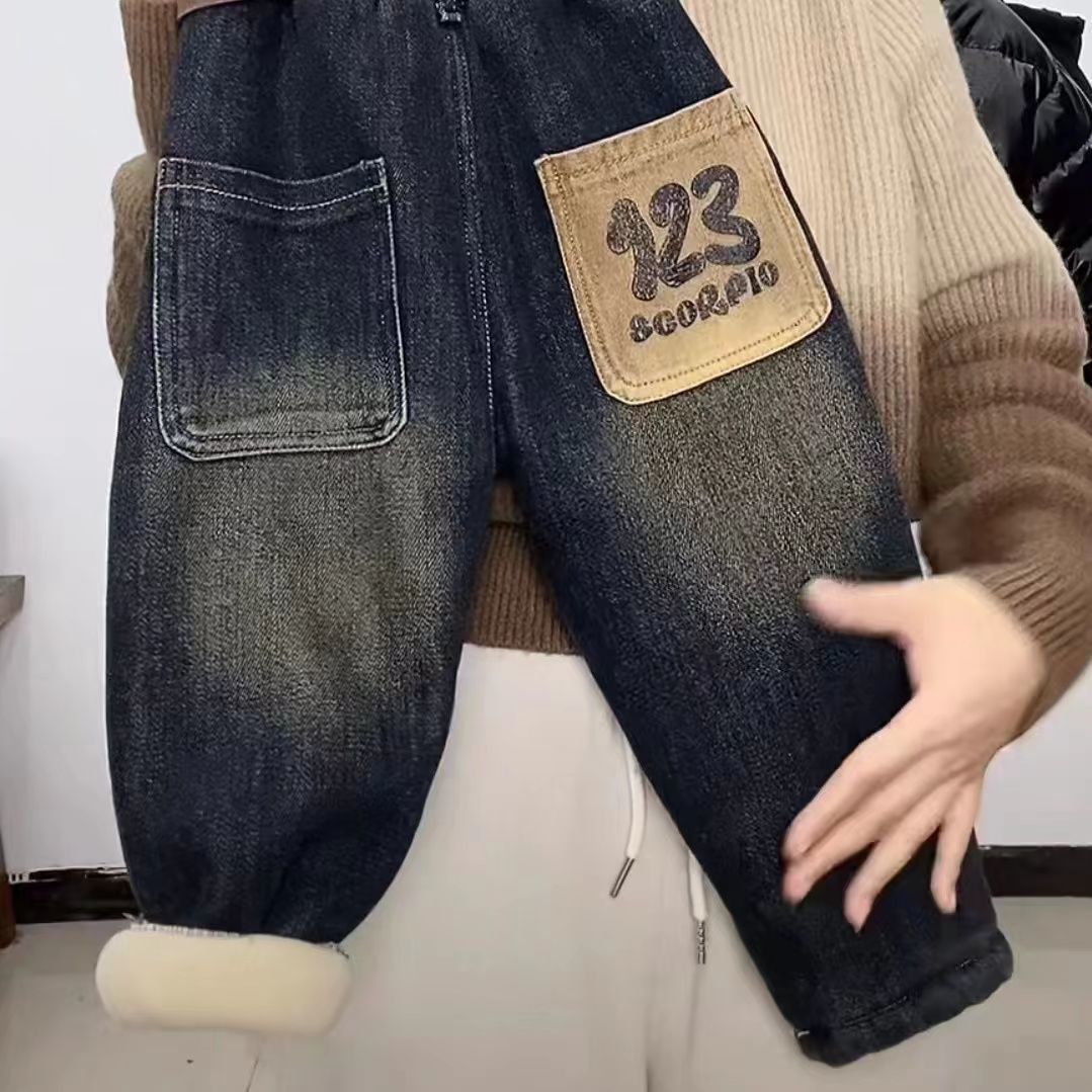 男童牛仔裤夹棉加厚冬季新款儿童男孩三层夹棉保暖棉裤子一条时尚