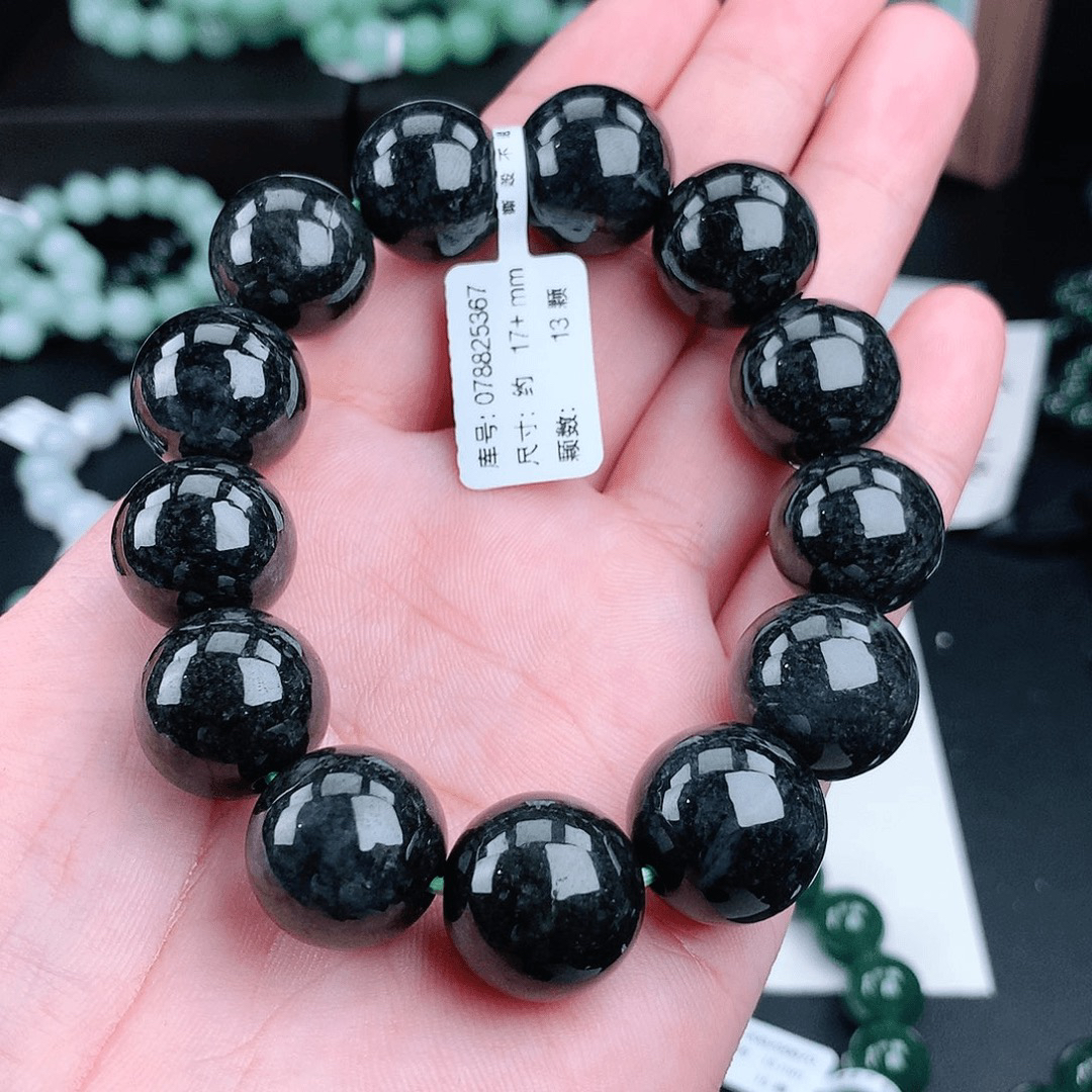 福利价正品缅甸天然A货翡翠17+冰乌鸡翡翠圆珠手链黑色冰乌鸡手串