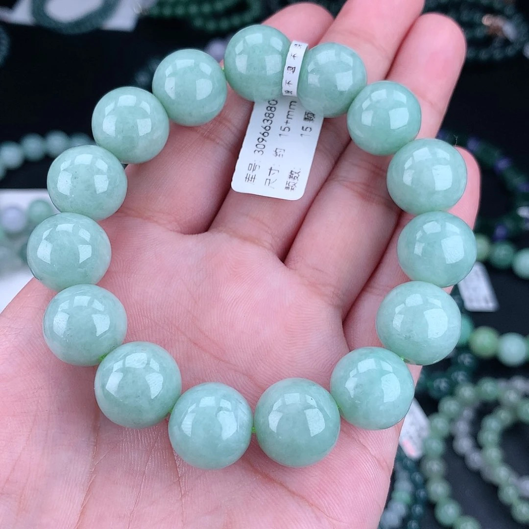 正品缅甸天然翡翠A货15m果阳绿大卡翡翠手串时尚绿色男款玉手串