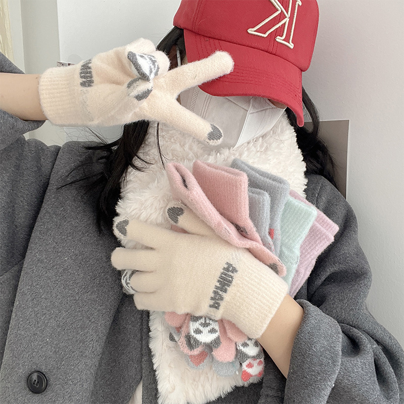 秋冬季女可爱骑行保暖加厚防寒学生针织毛线可触屏棉手套内里加绒