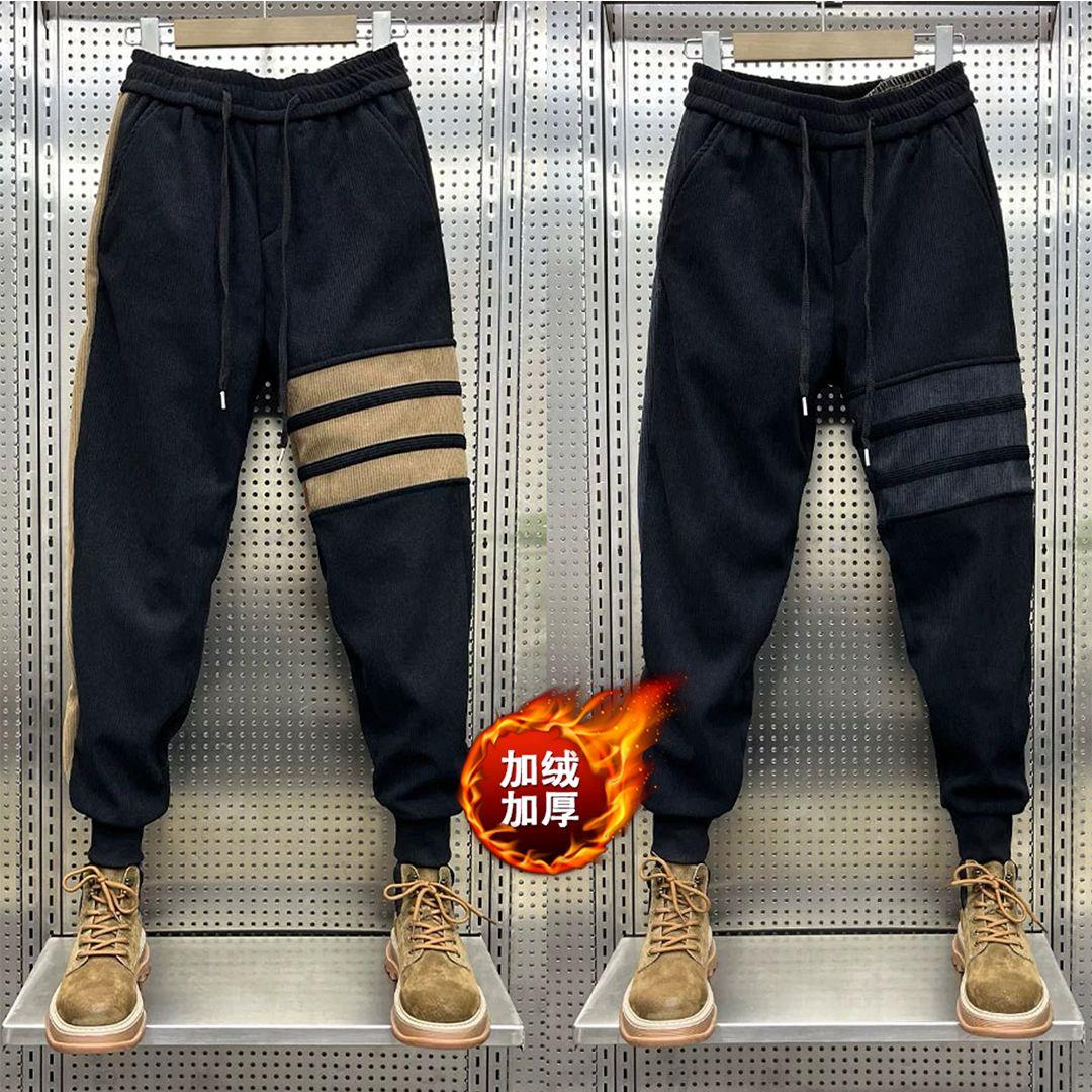 冬季新款灯芯绒加绒卫裤男时尚拼接潮流百搭束脚裤洋气复古运动裤