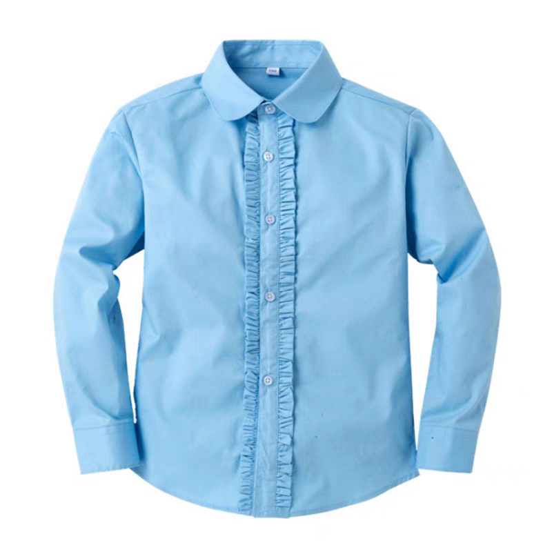 女生蓝色木耳胸花衬衣