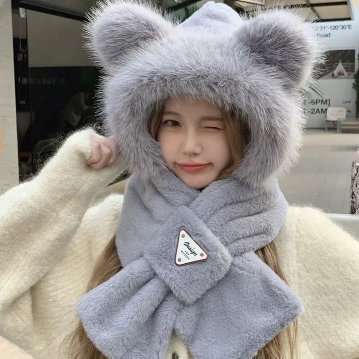 【熊宝两件套】冬天加厚毛绒连帽秋冬季时尚保暖防寒帽百搭绒帽