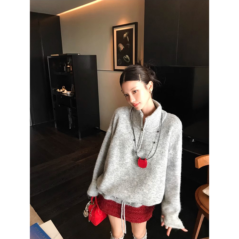 【056】灰色字母拉链毛衣女冬季美式撞色立领抽绳针织上衣半身裙