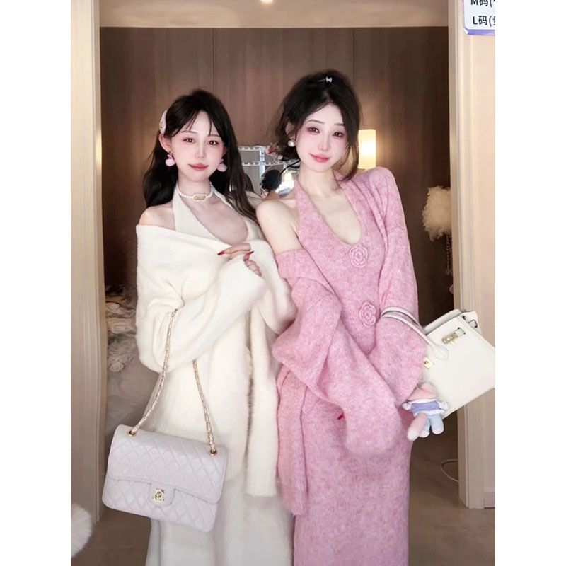 【032】V领立体花朵背心针织外套显瘦小香风套装