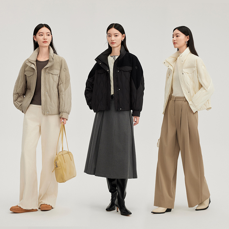 艾莱依拼接时尚百搭小香风羽绒服女2024冬季新款休闲宽松外套7091