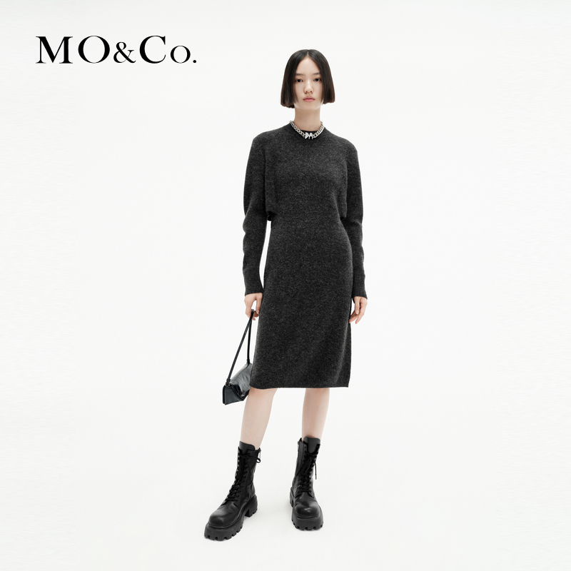 MOCO绵羊毛骆马绒裂口收腰高腰直筒针织连衣裙MBC4DRSK01