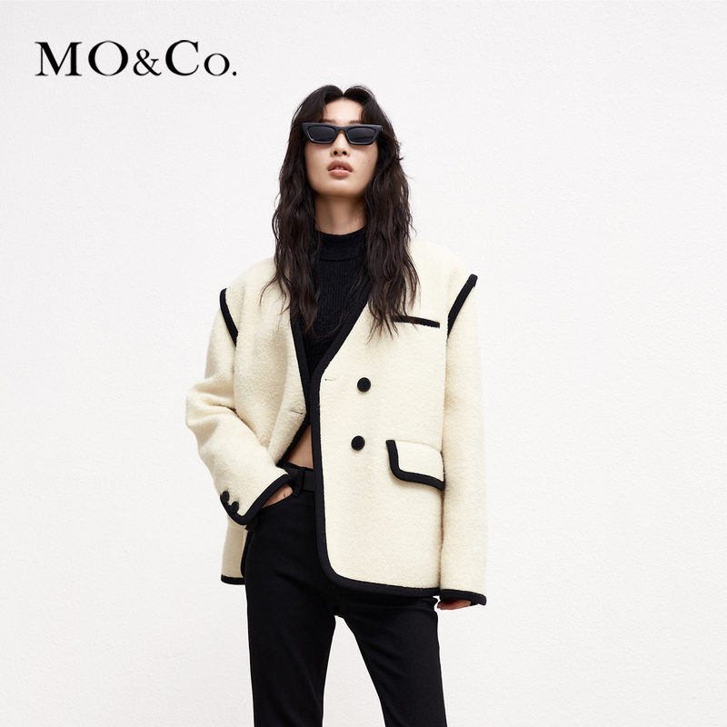 MOCO冬季绵羊毛混纺撞边宽肩毛呢小香风休闲外套女士MBC4COTT02