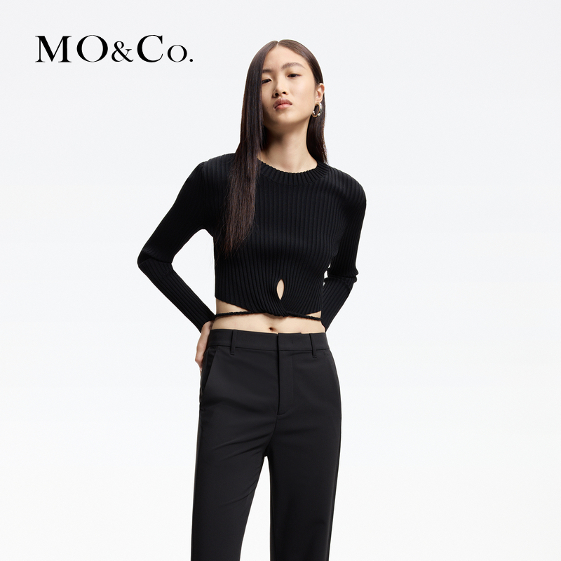 MOCO春坑条纹交叉绑带短款露腰修身长袖针织衫MBD1SWT021