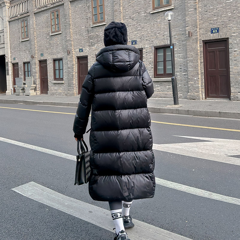 雅鹿黑色中长款过膝羽绒服女韩版宽松加厚鹅绒连帽情侣外大码加厚