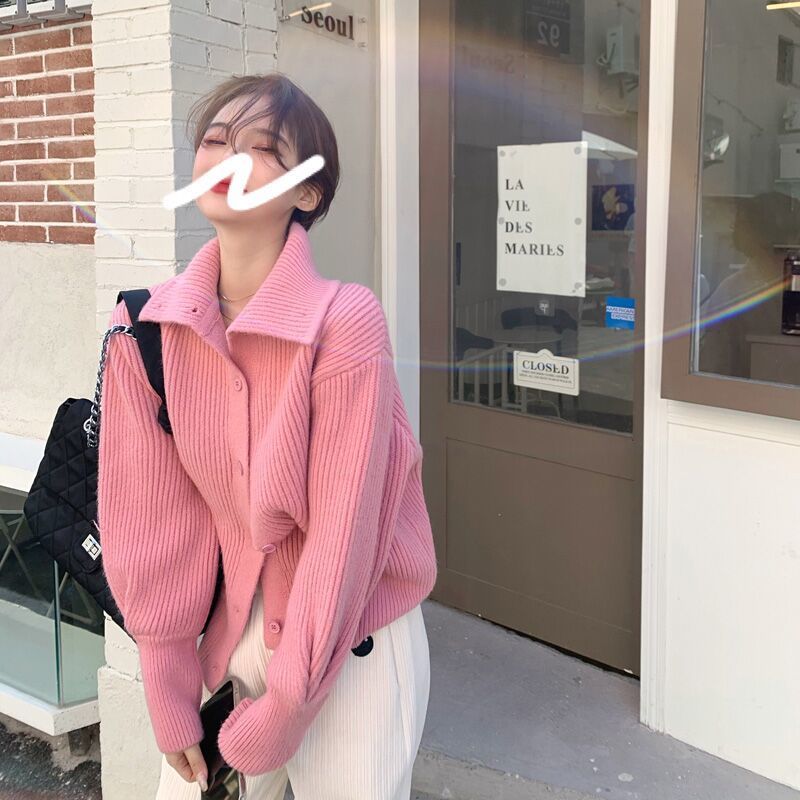 针织毛衣开衫外套女秋冬加厚单件套装polo领宽松韩版外穿慵懒上衣