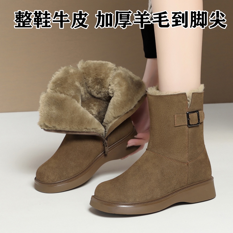 真皮羊毛雪地靴女鞋新款冬季加绒短靴女皮毛一体棉鞋妈妈靴子加厚