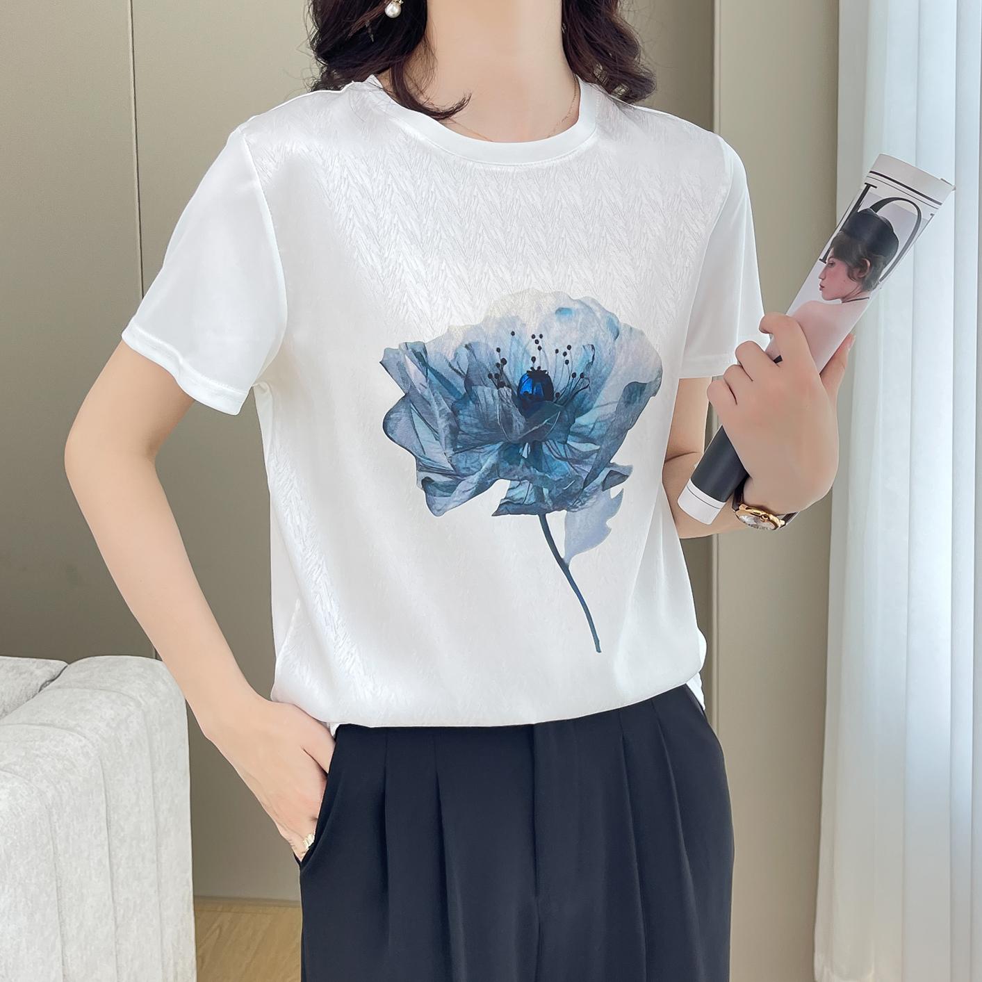 2024新款丝滑缎面冰凉感百搭时尚休闲女T恤AB拼接短袖1031