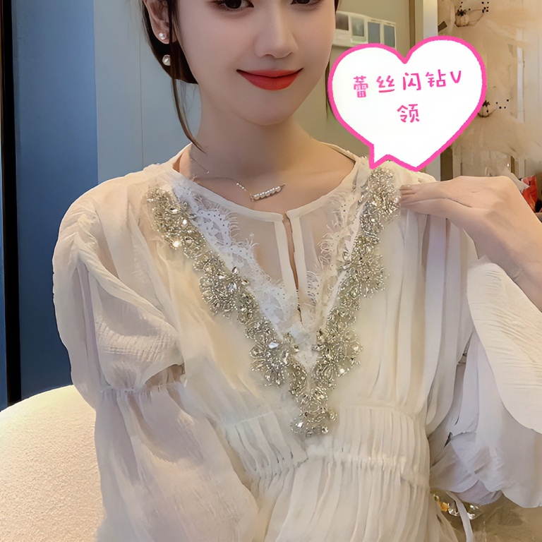新款V领蕾丝边闪钻服饰配件领花装饰法式千金精致搭配雪纺连衣裙