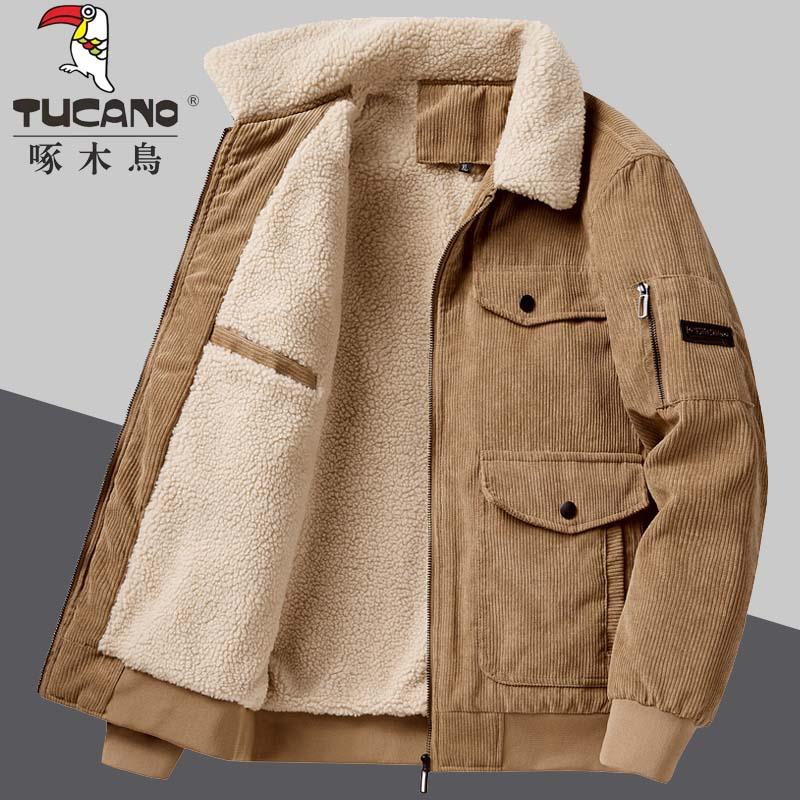 啄木鸟冬装2023年新款灯芯绒羊羔绒棉服保暖工装翻领铺棉外套外套