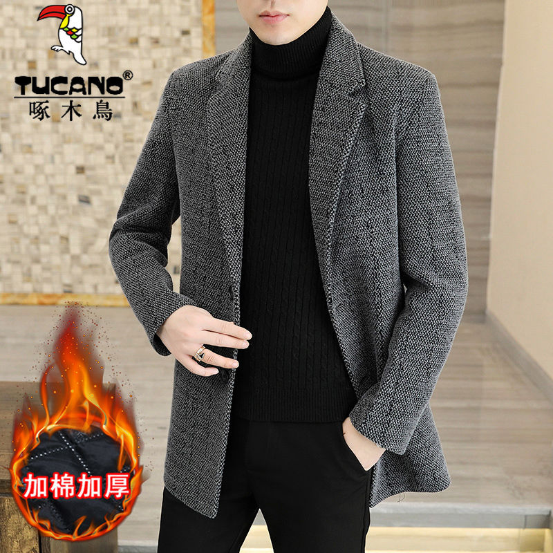 啄木鸟秋冬中年毛羊呢大衣男士外套中长款加厚休闲西装领风衣男装
