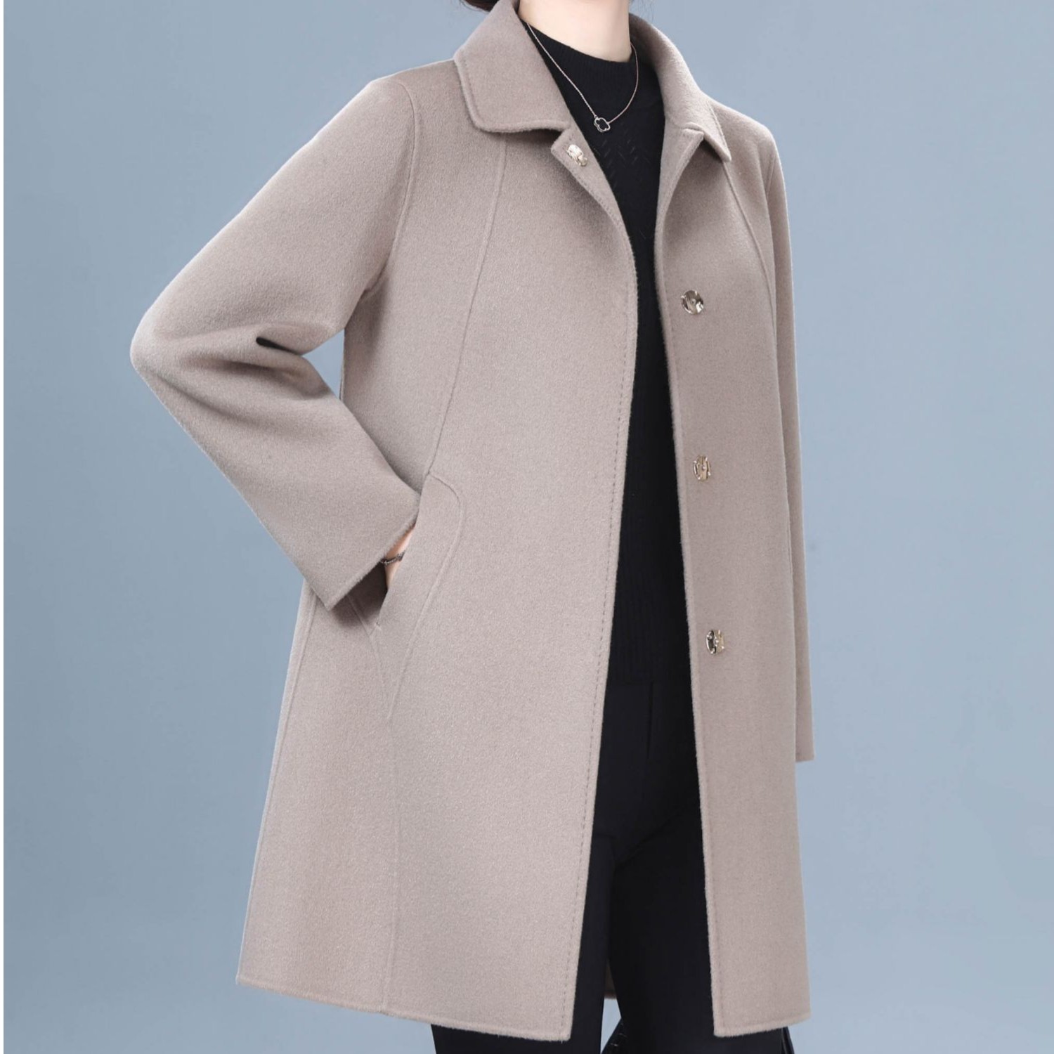 2025秋冬新款全羊毛呢外套高端时尚双面羊毛大衣女气质大码妈妈装