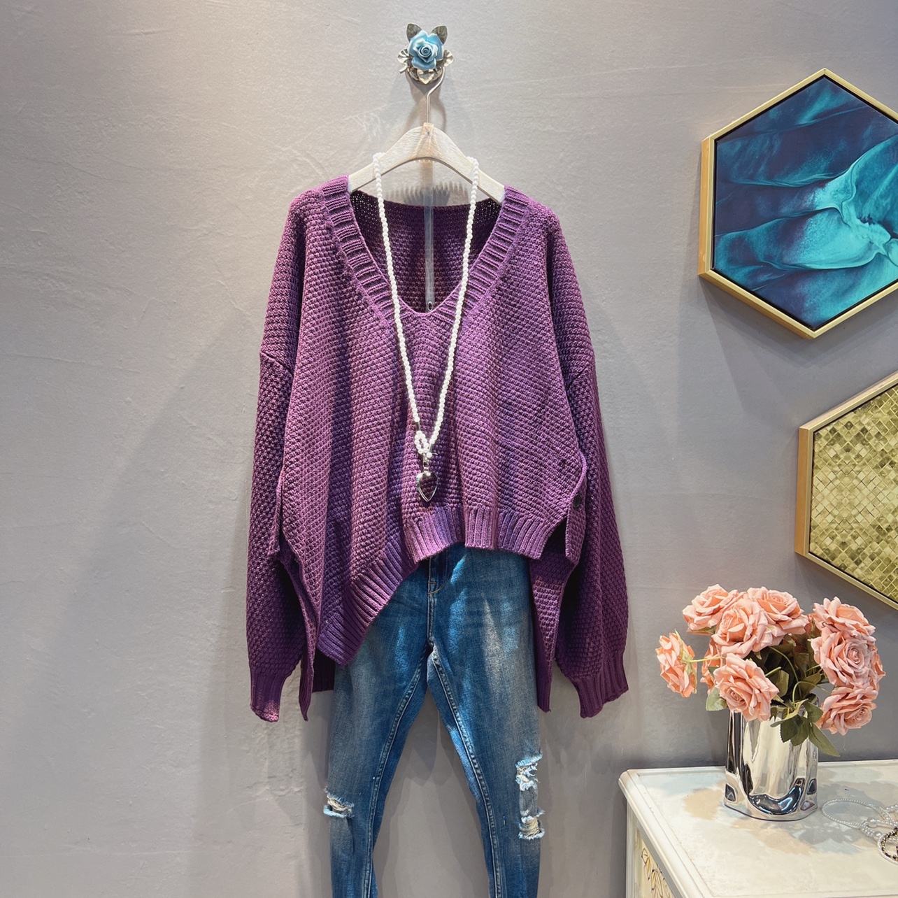 欧货大码女装特大码韩系显瘦宽松镂空圆领不规则长袖上衣针织衫