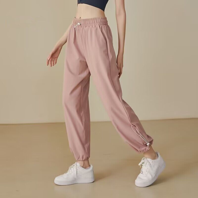 抽绳束脚运动裤女夏季高腰直筒速干跑步宽松训练健身裤休闲长裤薄