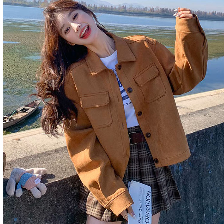 2025春秋新款美拉德鹿皮绒外套女小个子复古休闲宽松短款夹克上衣