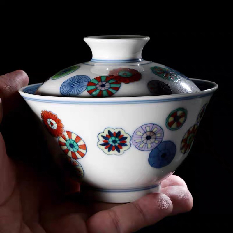 斗彩皮球花盖碗高端纯手工手绘茶器复古高档瓷盖碗