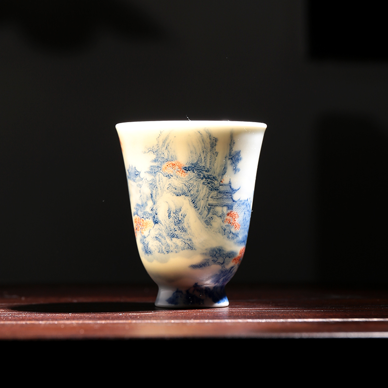 景德镇陶瓷青花加红细工山水家逸轩珍藏高端手工手绘茶杯主人杯