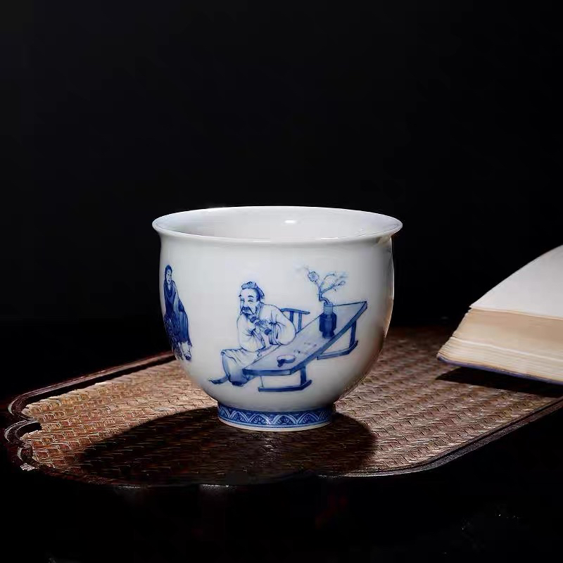 景德镇陶瓷青花手绘桃源图主人杯手工手绘高端茶器