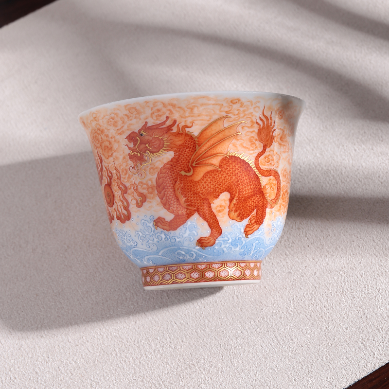 画语轩景德镇陶瓷精工手绘矾红龙纹诗词杯高端主人杯茶杯纯手工
