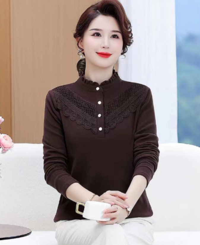 木耳领德绒打底衫女士加绒加厚秋冬季小衫中老年妈妈洋气减龄上衣