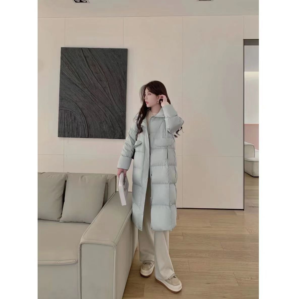 波司澄新款羽绒服女中长款过膝韩版立领宽松高级感白鸭绒外套加厚