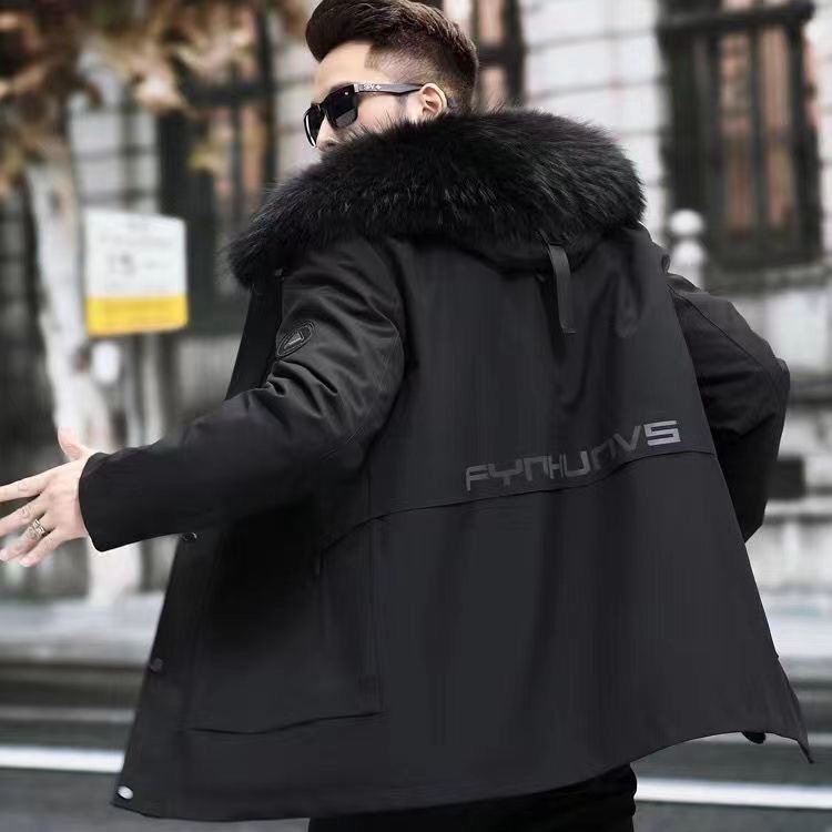 男士中长2024休闲时尚年轻保暖外套辛巴二代抗风保暖内胆拼貂