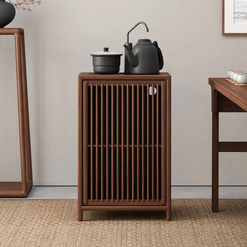 新中式茶水柜黑胡桃木茶边柜实木烧水柜下置水桶小茶水柜侧边柜子