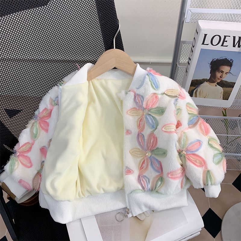 巴拉甄选儿童2023花朵冬季女童新款加绒加厚保暖宽松毛毛上衣外套