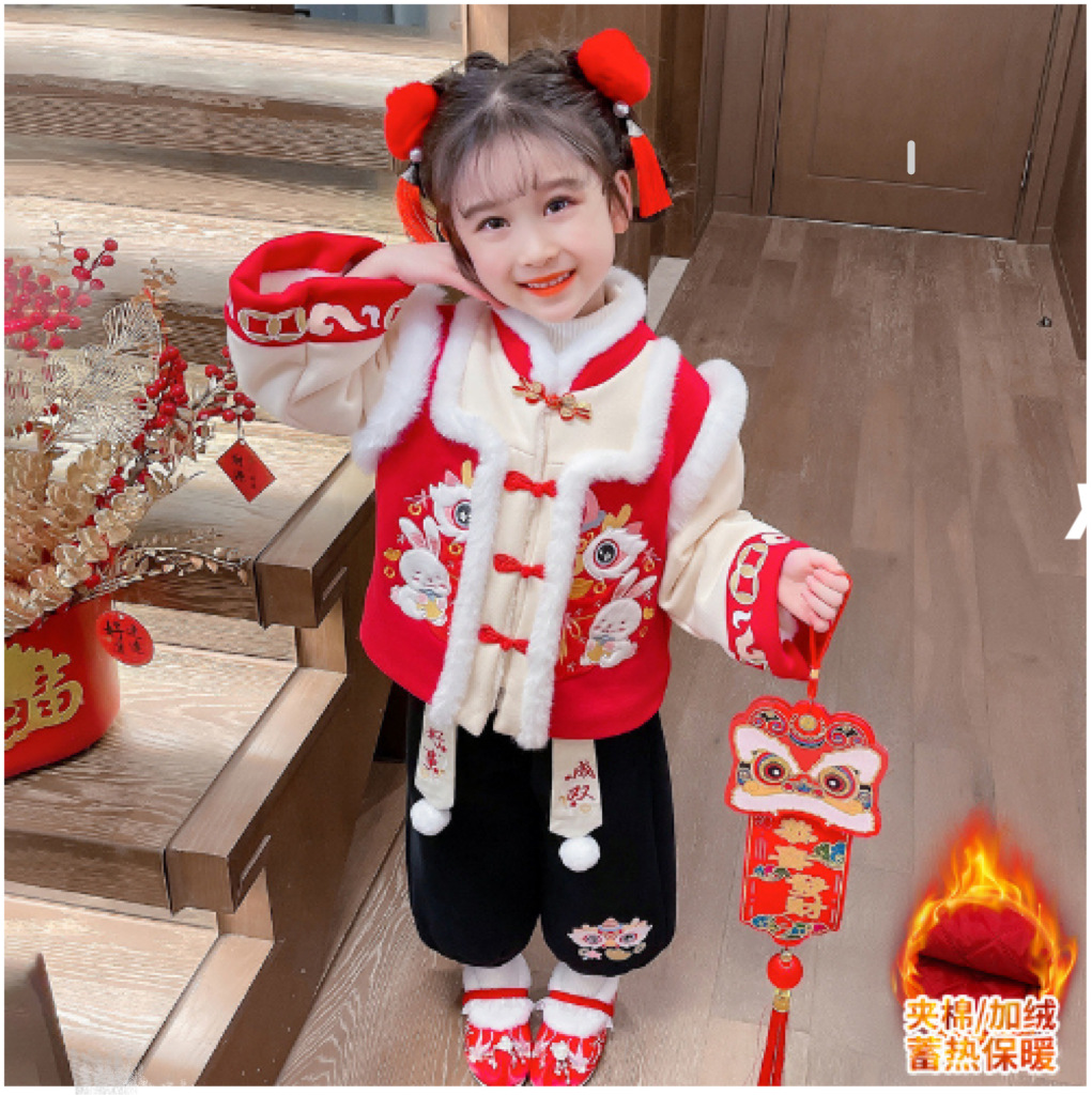 巴拉甄选女童中国风汉服拜年服2023秋冬新款儿童加绒加厚衣服唐装