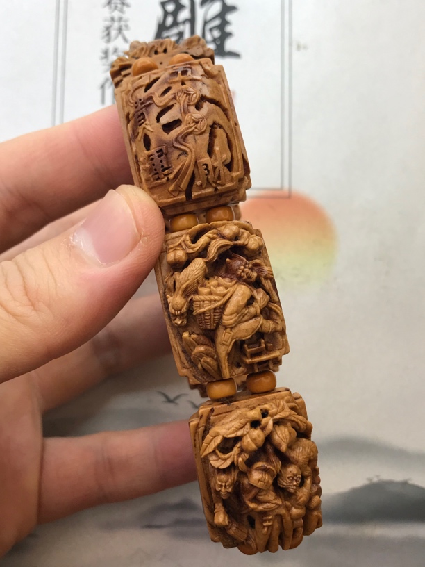 桃核手工雕刻五鬼运财手牌