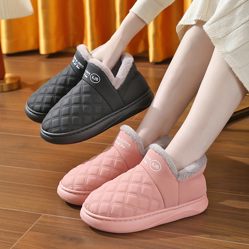 棉拖鞋女男士厚底防滑皮面防水情侣居家高包跟外穿老人冬天棉鞋
