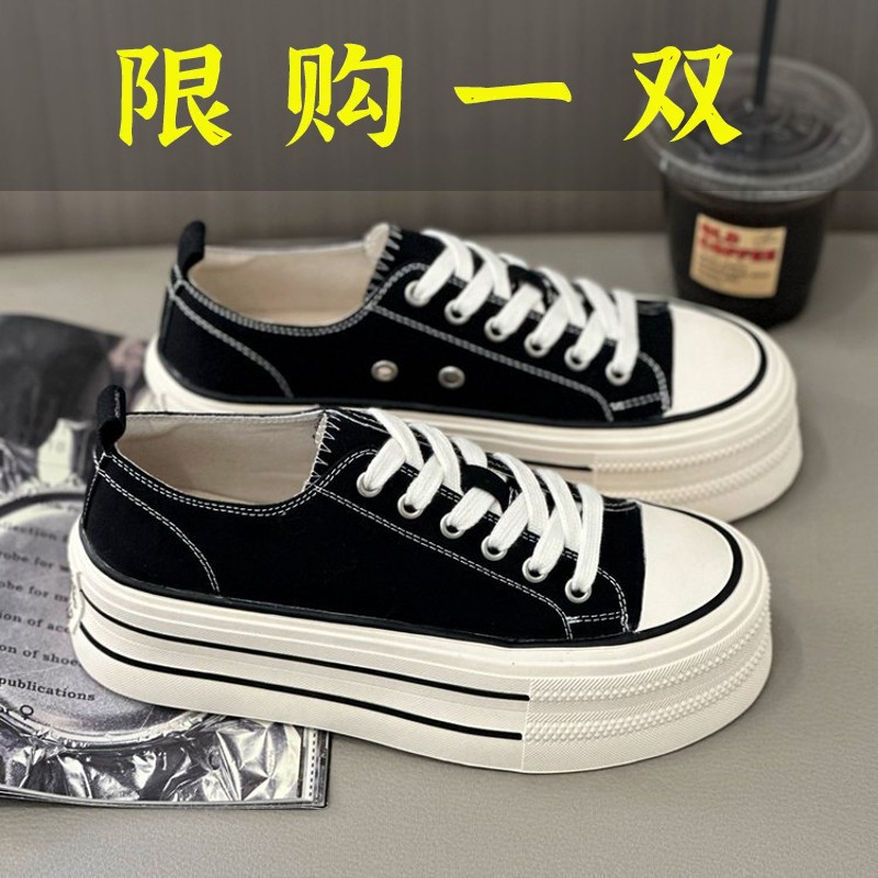 百丽纯爱厚底帆布鞋女2023新款韩版运动休闲鞋增高圆头系带低帮