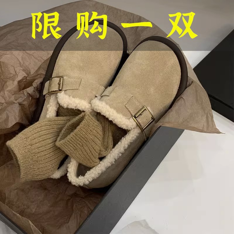 百丽纯爱勃肯鞋女加绒保暖女鞋2023年冬季新款豆豆鞋平底毛毛鞋