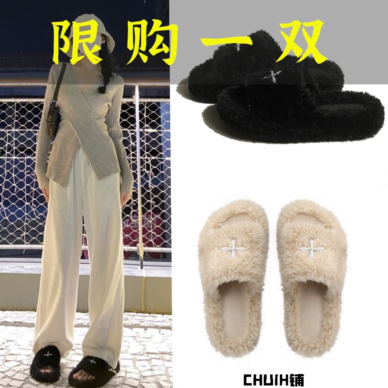 百丽纯爱赵露思同款十字毛毛拖鞋厚底平底一字仙女毛绒拖鞋居家