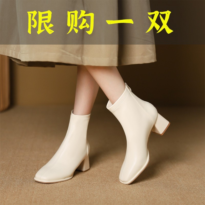 百丽纯爱高跟方头短靴新款欧美风方头后拉链短靴粗跟靴子春秋季