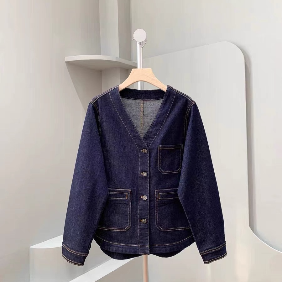 高品质薄款薄棉牛仔外套 Jia玲同款V领气质款开衫外套