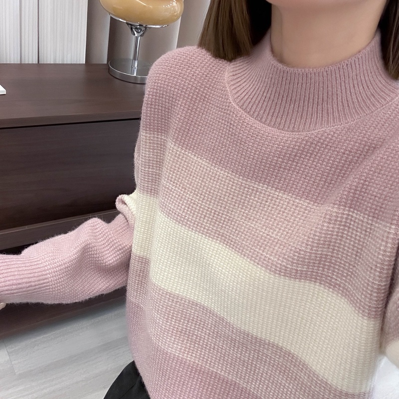 半高领渐变色条纹撞色针织打底衫秋冬季新款上衣宽松韩版加厚毛衣