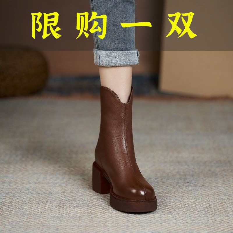 百丽纯爱真软皮高跟马丁靴新款秋冬粗跟加绒皮靴保暖短靴厚底中