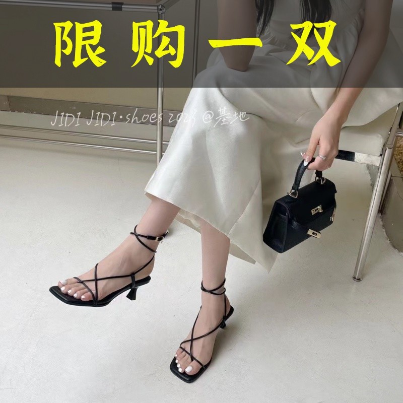 百丽纯爱高跟系带绑带鞋仙女夏季法式小众低跟黑色凉鞋5501(系