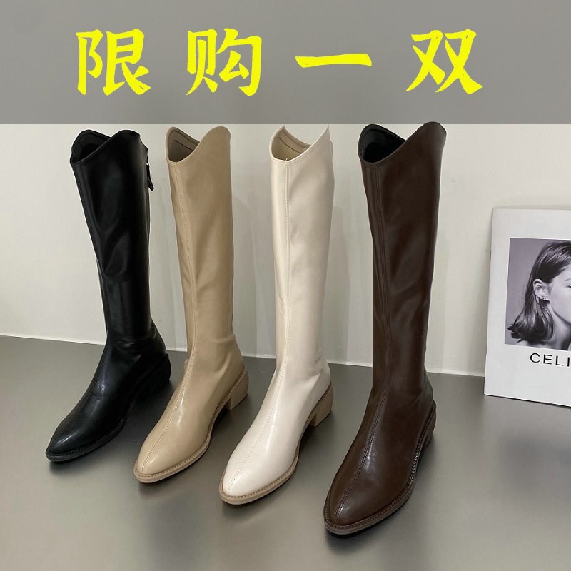 百丽纯爱白色长筒靴女尖头V口粗腿气质不过膝长靴加绒显瘦高筒