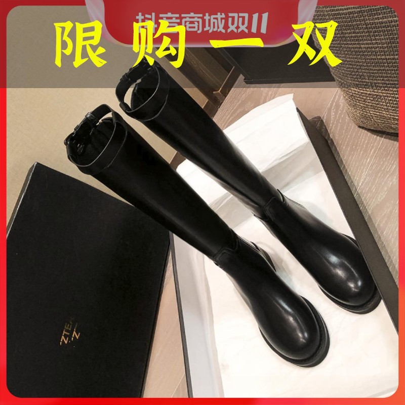 百丽纯爱厚底长筒靴女ins后拉链不过膝2023款高筒骑士靴长靴女