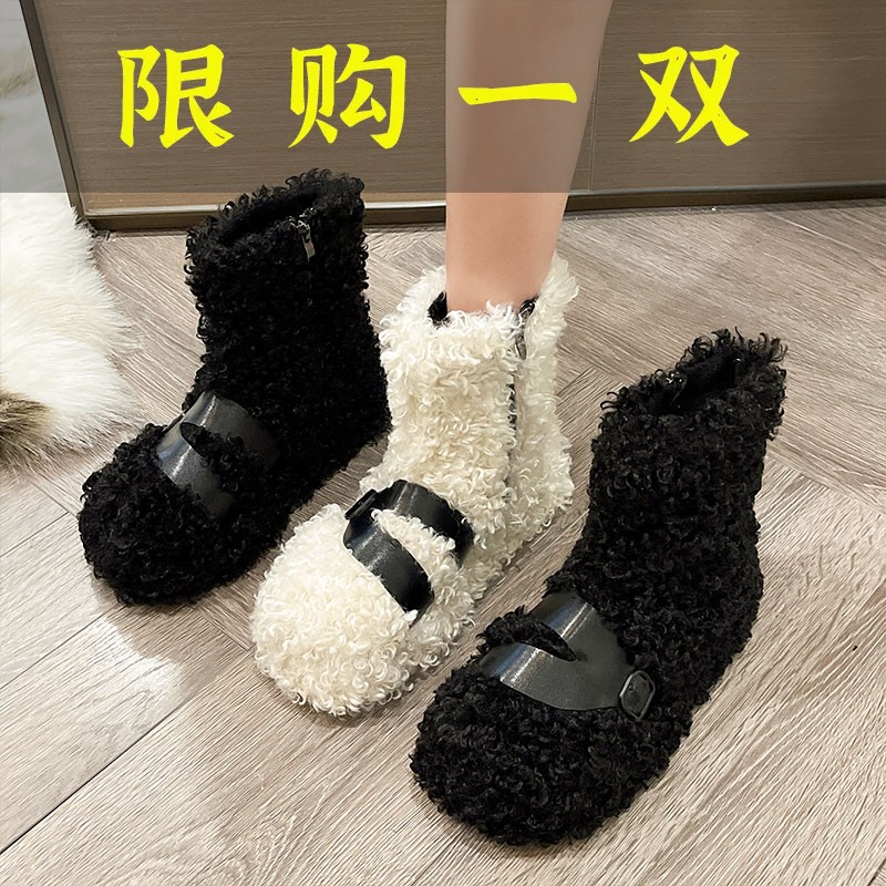 百丽纯爱泰迪卷羊羔毛毛鞋雪地靴女冬加绒加厚保暖东北大棉鞋新