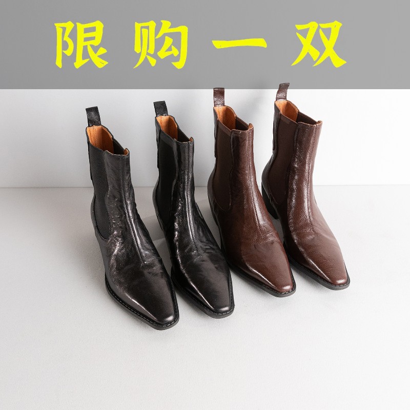 百丽纯爱法式复古手抓纹粗跟短筒切尔西靴时尚百搭显瘦4.5cm-62