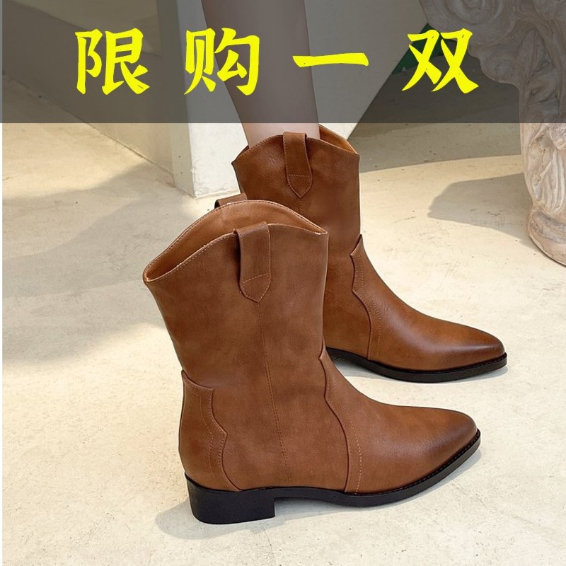 百丽纯爱真皮西部牛仔靴女2023早秋新复古尖头中筒靴套筒V口薄
